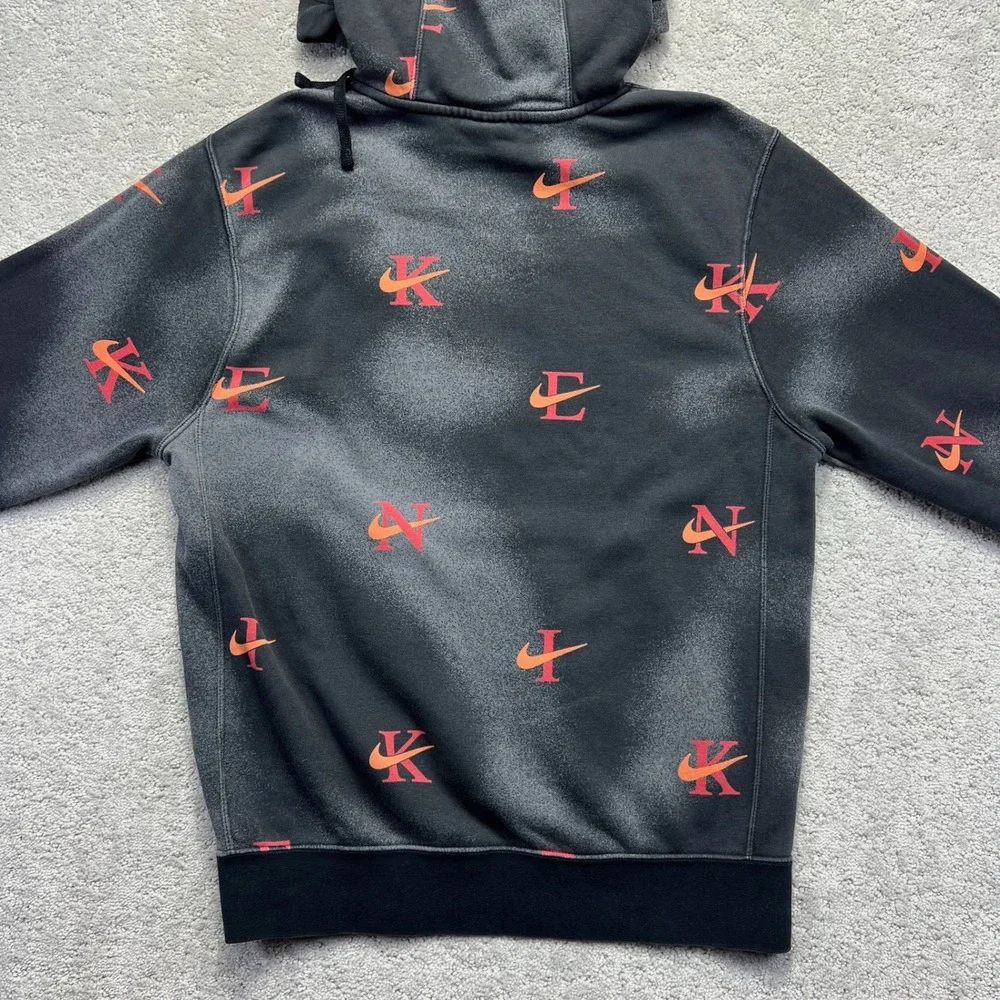 Nike Hoodie Mens Small Black Gray Acid Wash All Over Logo Print Pullover Sporty